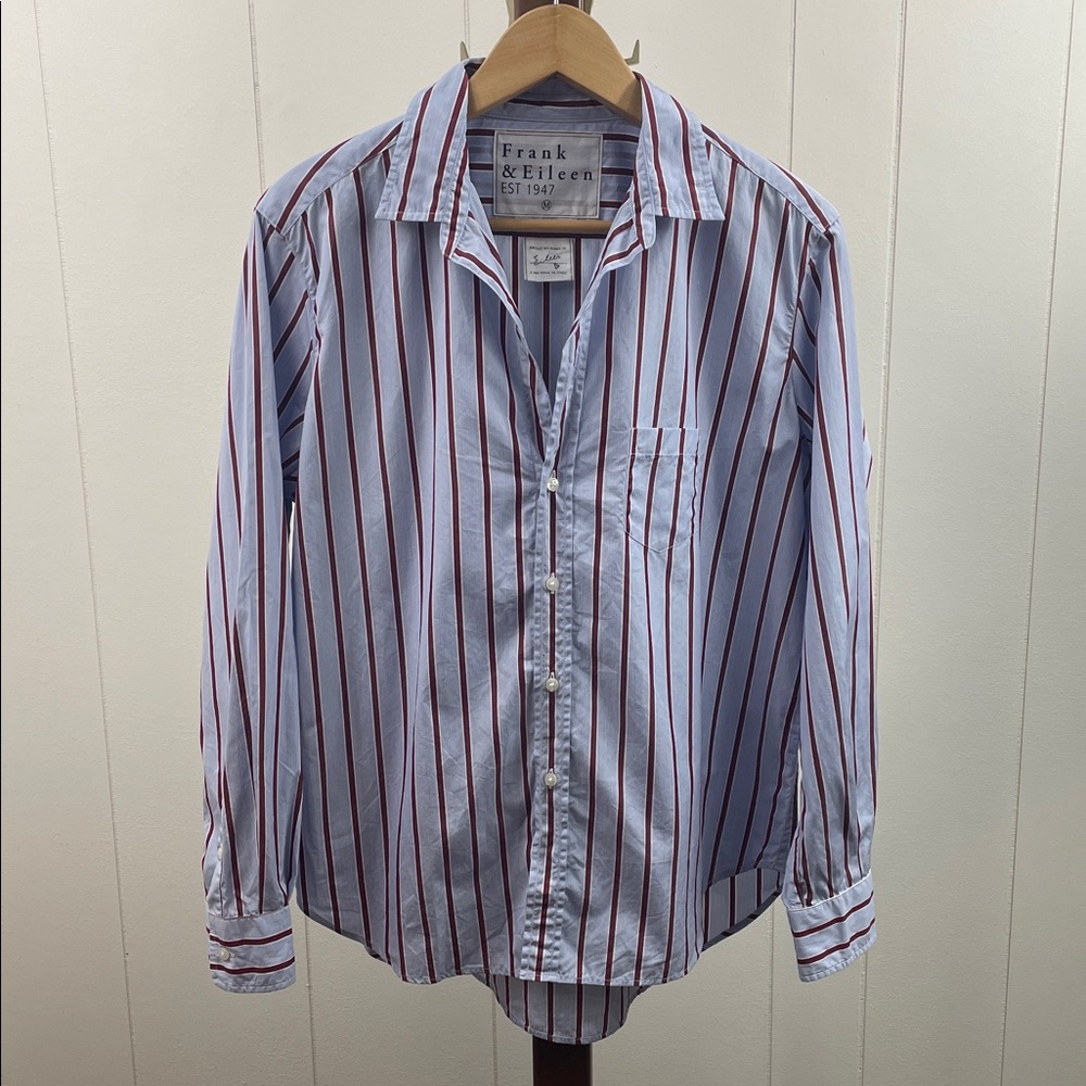 Frank & Eileen Eileen Relaxed Cotton Button Up Shirt Blue/Maroon Stripes